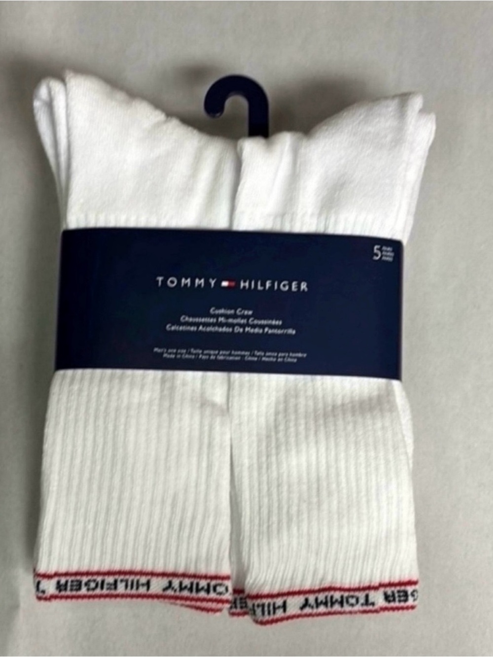 New Tommy Hilfiger Socks Men’s 5 Pairs White Cushion Crew Socks Athletic Casual